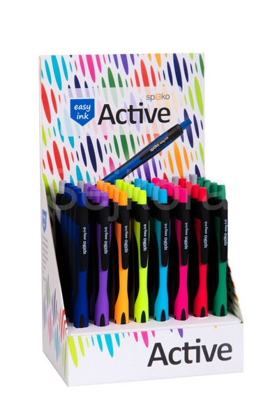 S011799240 Spoko Active kuličkové pero, Easy Ink, modrá náplň, displej, mix barev